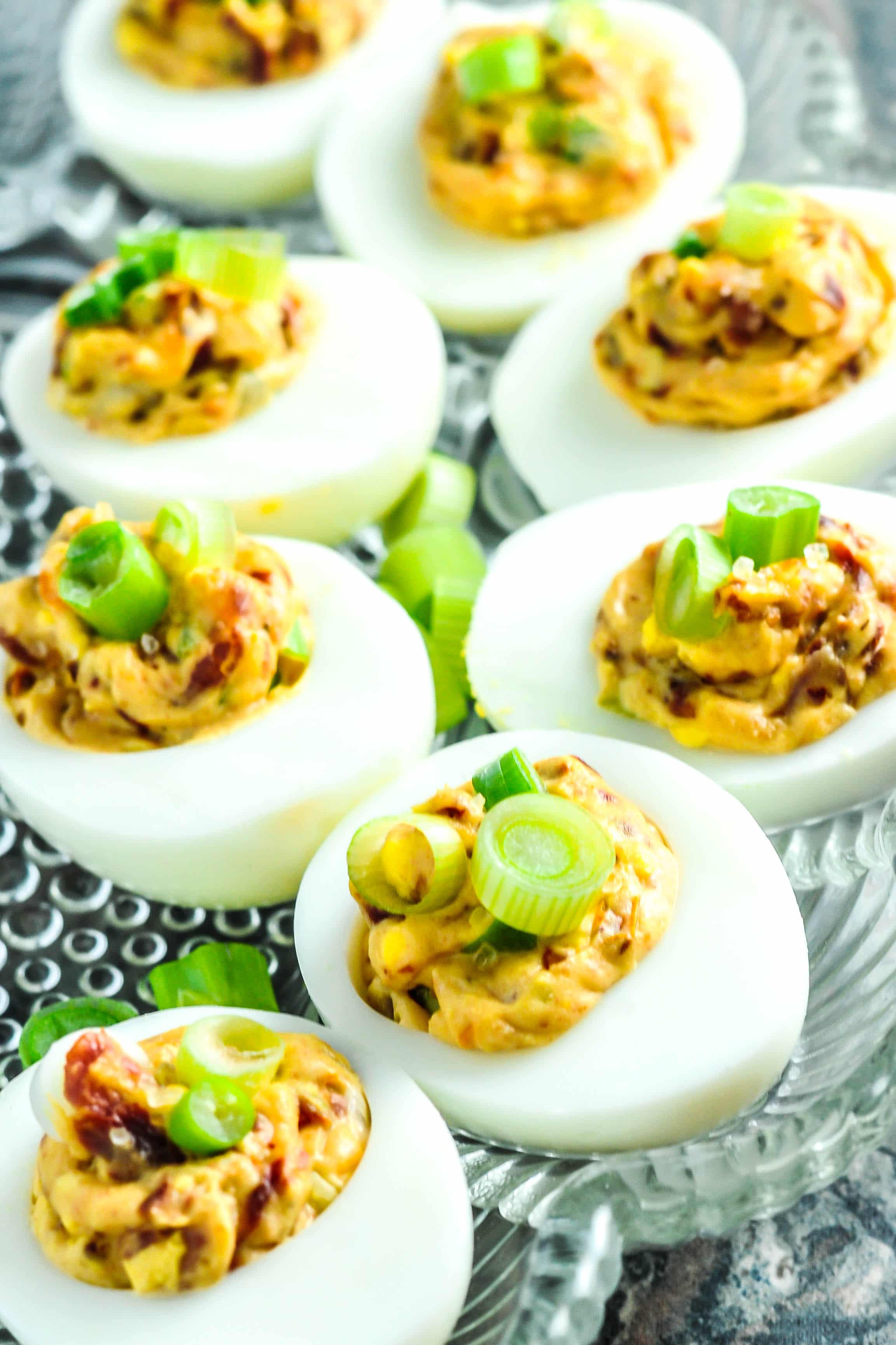 Keto Appetizers & Party Food Recipes - BLT Deviled Eggs Recipe #bacon #sundried #tomato #green onion #deviled #hardboiled #eggs #keto #lowcarb #ketogenic #atkins