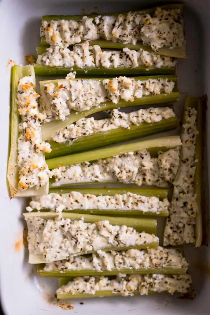 Baked Celery Recipe with Goat Cheese, Garlic, & Basil Stuffing - Low Carb, Healthy