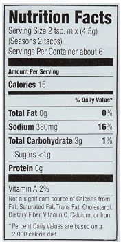 nutrition label from McCormick Original Taco Seasoning Packet