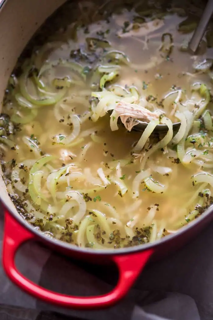Low Carb Keto Chayote Chicken Noodle Soup Recipe - Dairy Free, Gluten Free