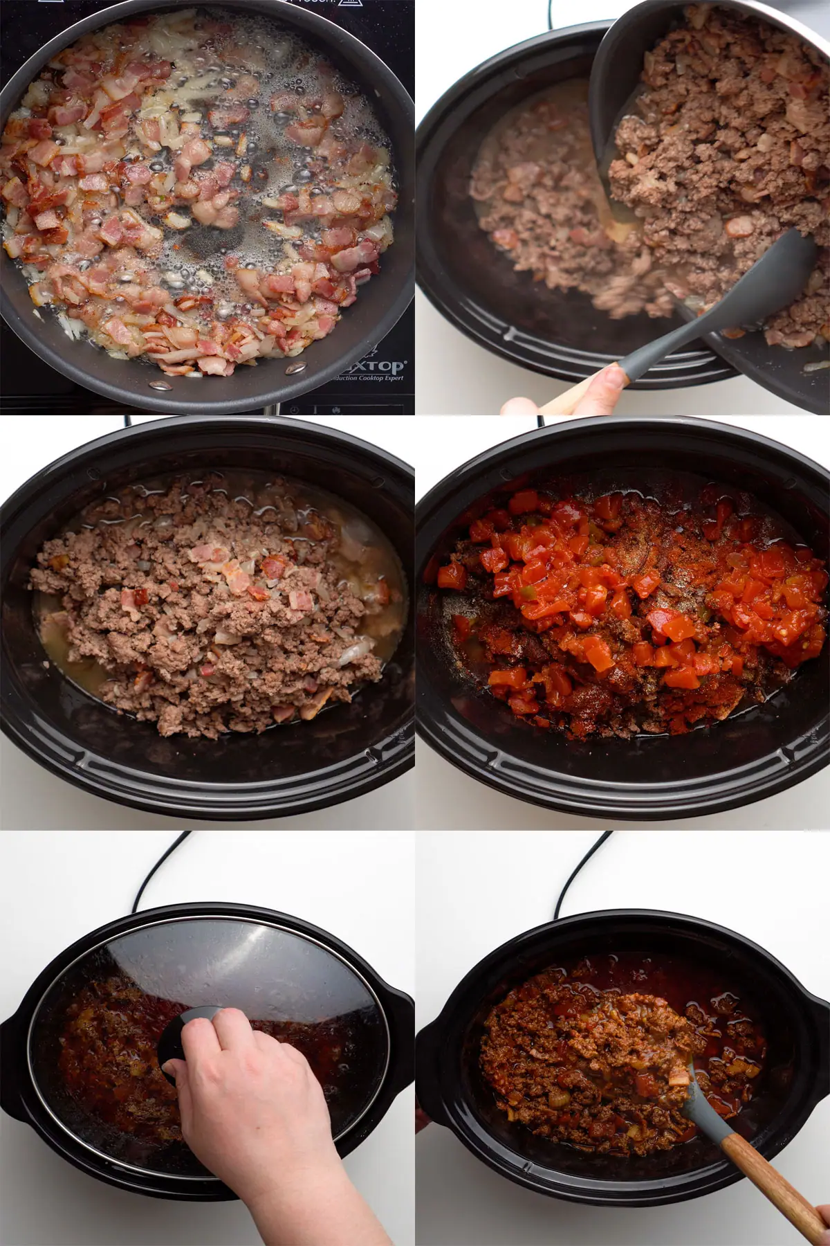 Collage of each step in the chili making process in a Crockpot slow cooker.