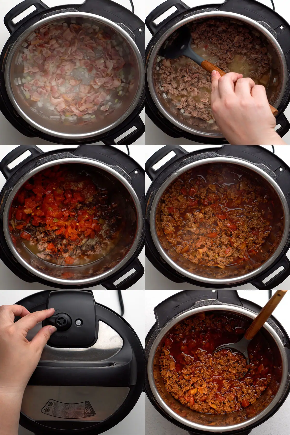 Step-by-step instructions for chili con carne recipe in Instant Pot (IP).