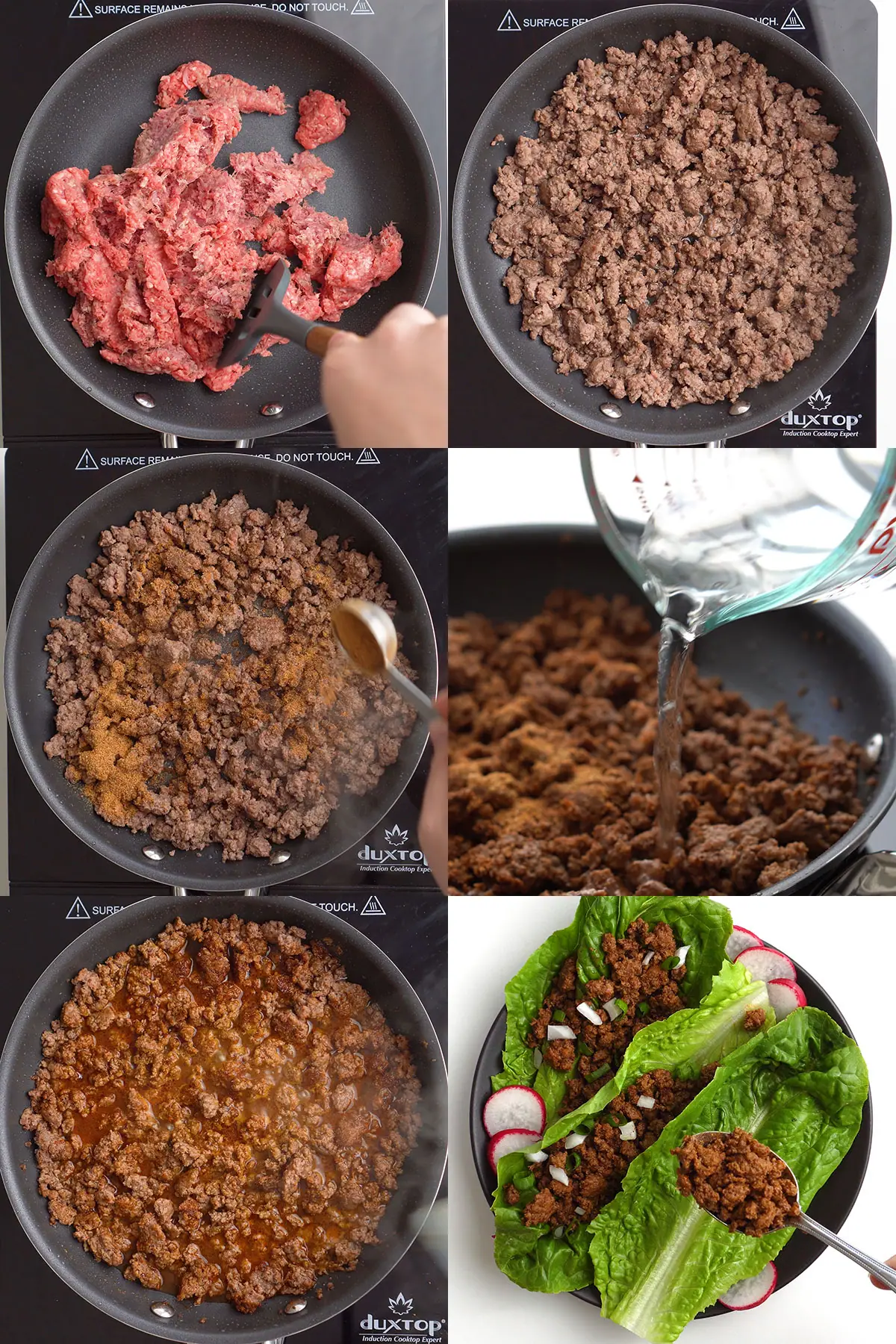 Photo collage of taco meat preparation steps.