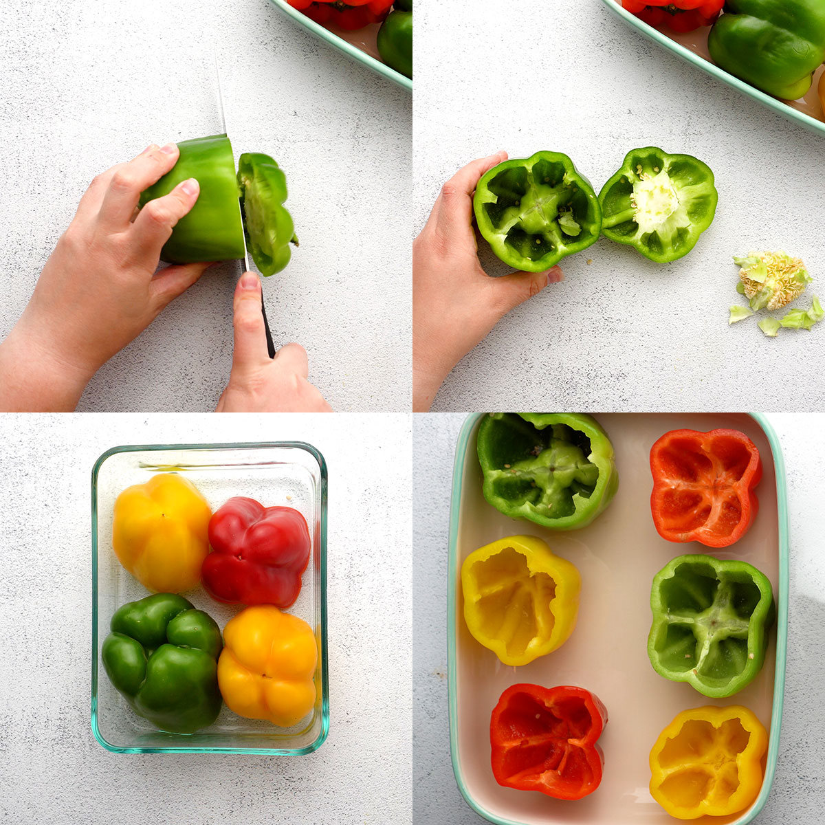 Step by step instruction of cutting tops off of bell peppers, scooping out seeds, pre-cooking in dish, and placing in casserole dish to fill and bake.