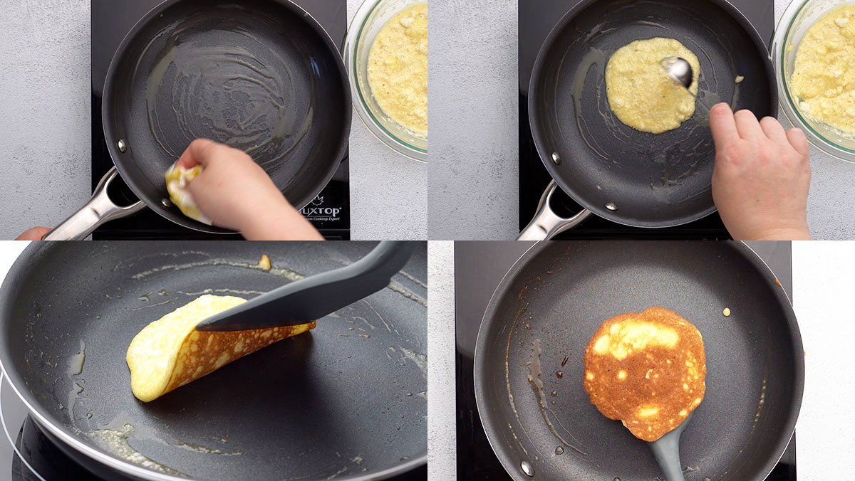 Step-by-step process of cooking almond flour pancakes, including greasing the pan, spreading the batter, checking for doneness, and flipping.
