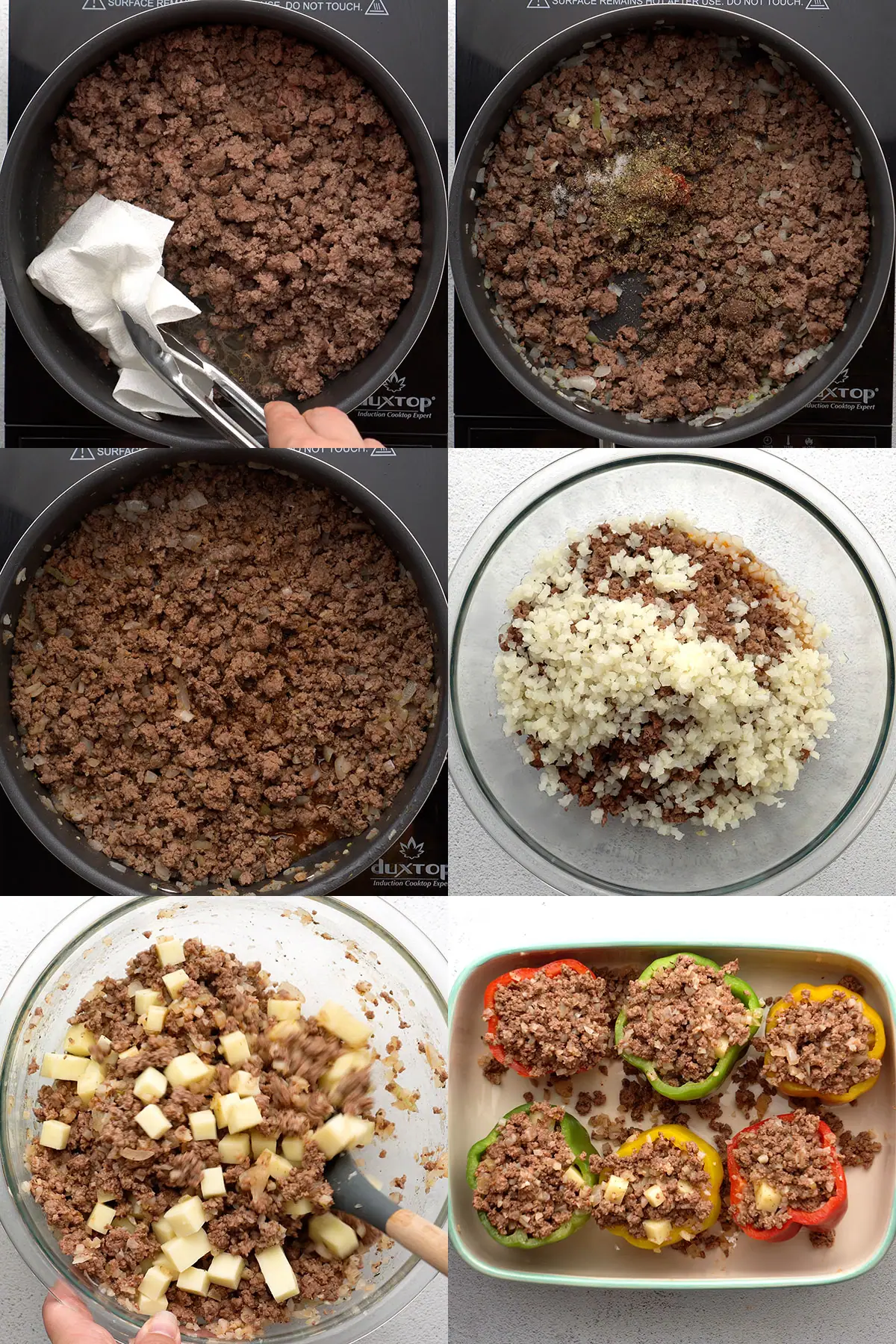 Step by step process photos of making the ground beef filling with vegetables and cheese.  