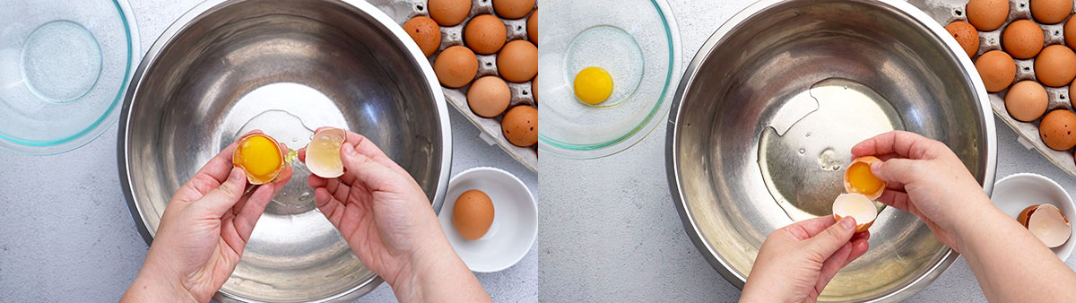 Step by step separating egg yolk from egg white into bowls.