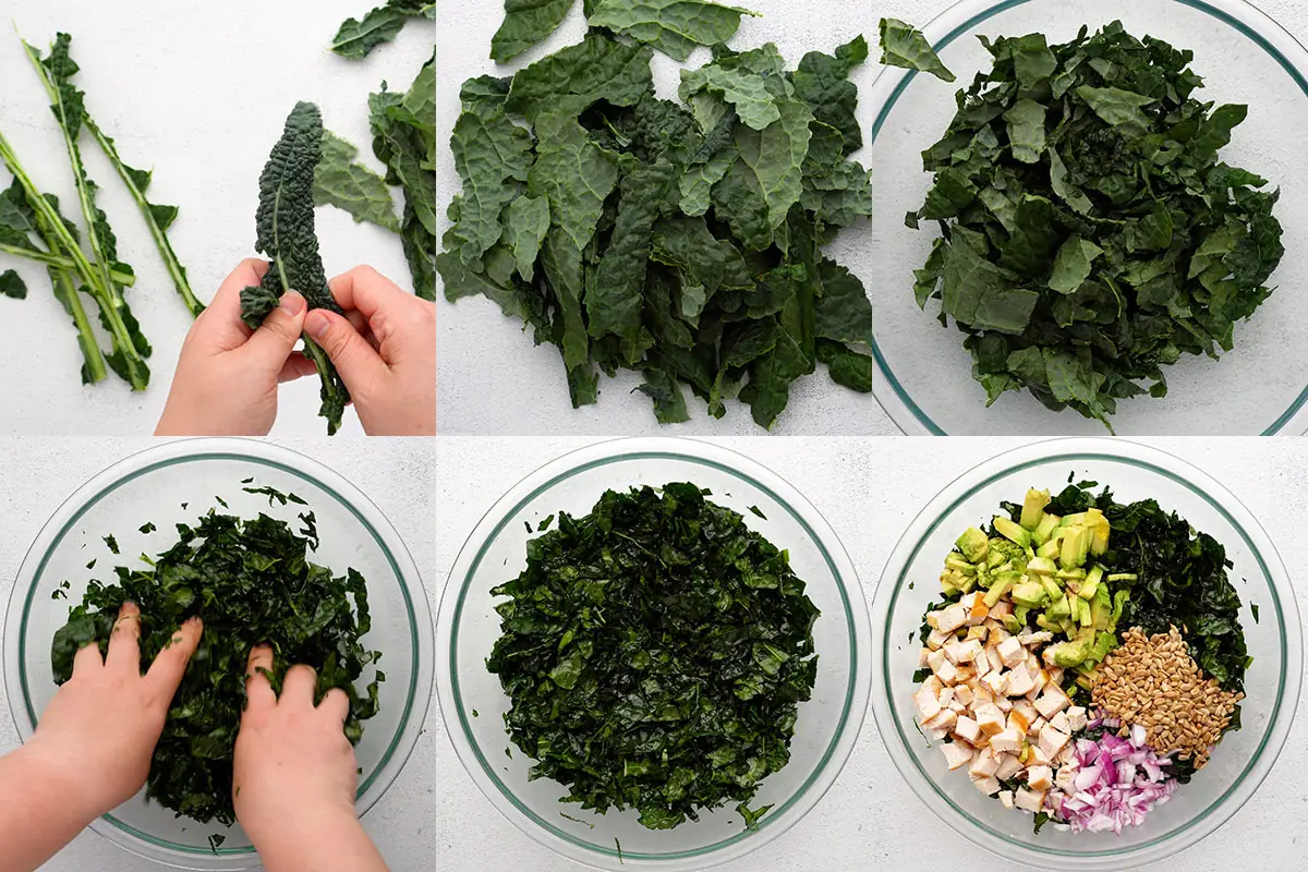 Step by step process of preparing and massaging kale leaves for salad.